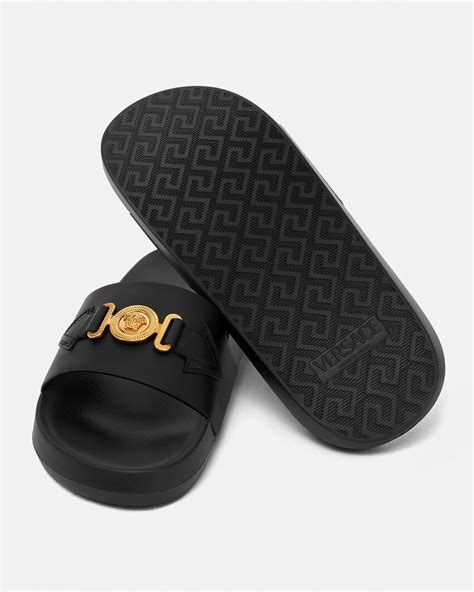 versace gold studded slides black leather|versace slides for women.